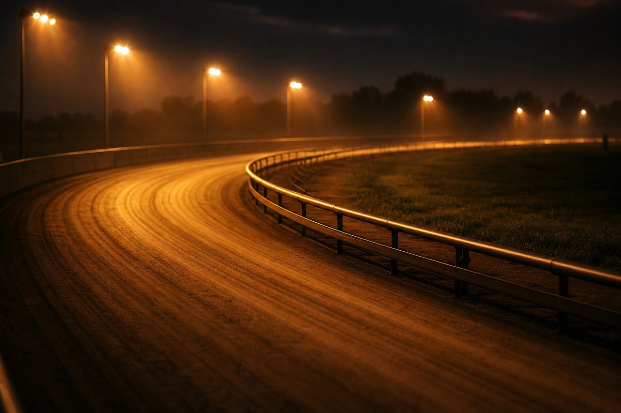 A floodlit greyhound track at dusk