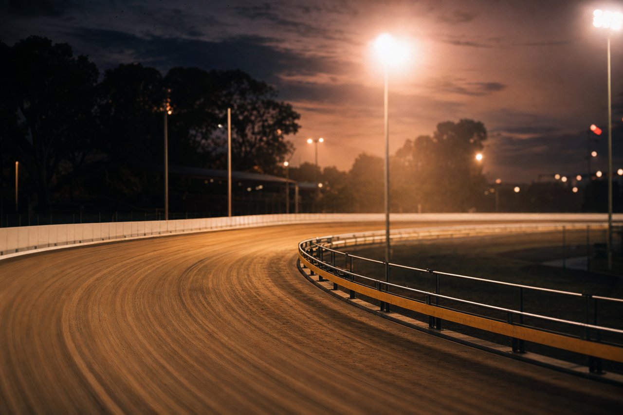 Floodlit greyhound track sweeping into the first bend at dusk